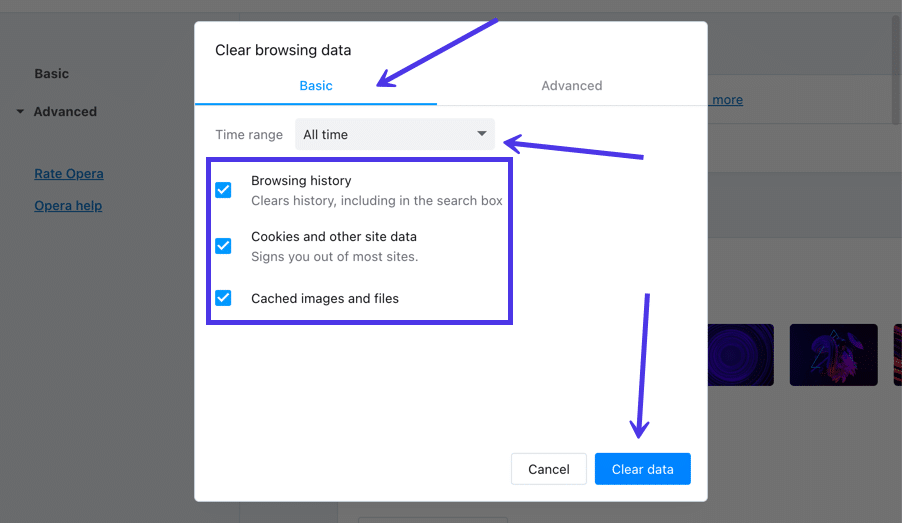 Check the boxes next to Browsing history, Download history, Cookies and other site data, and Cached images and files.
Click on the Clear data button to start the cleaning process.