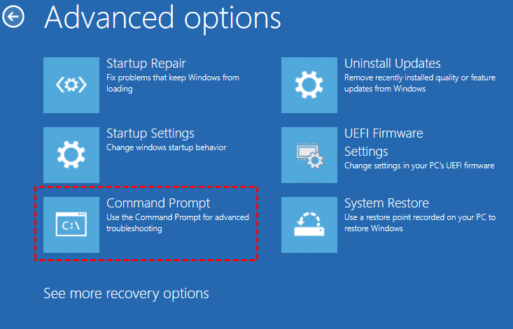 Choose "Troubleshoot" and then "Advanced options"
Select "Command Prompt"