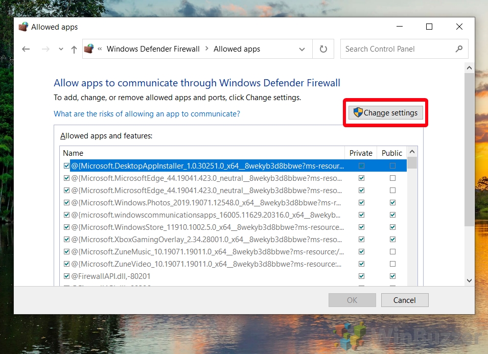 Click on "Allow an app or feature through Windows Defender Firewall" from the left-hand side menu.
Click on the "Change settings" button (you may need administrator privileges).