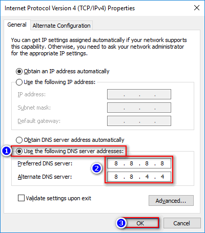 Enter the preferred DNS server address, which can be obtained from your internet service provider or a public DNS service like Google DNS (8.8.8.8).
Enter the alternate DNS server address, which is another option provided by your internet service provider or another public DNS service (such as 8.8.4.4 for Google DNS).