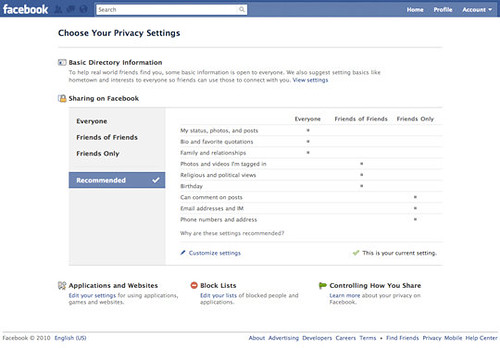 Facebook privacy settings page