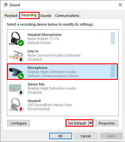 Go to the Devices tab.
Ensure the correct speaker and microphone are selected.