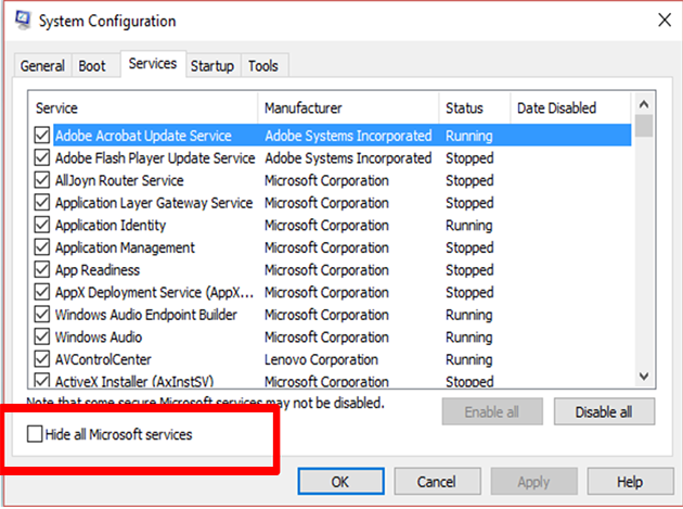 Go to the "Services" tab and select "Hide all Microsoft services".
Click "Disable all" and then click "Apply".