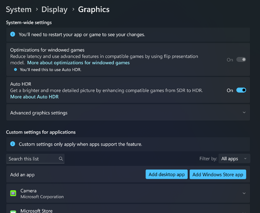 Graphics driver settings page.