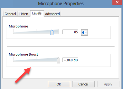 If the input level is too low, you can go back to the Levels tab and adjust the Microphone level slider accordingly.
If there is distortion or background noise, try disabling the Microphone Boost option.