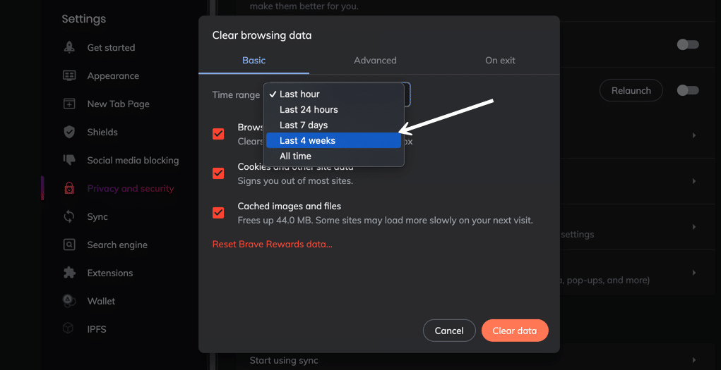 In the "Basic" tab, choose a time range (e.g., Last hour, Last 24 hours, or All time).
Make sure the "Cached images and files" option is checked.