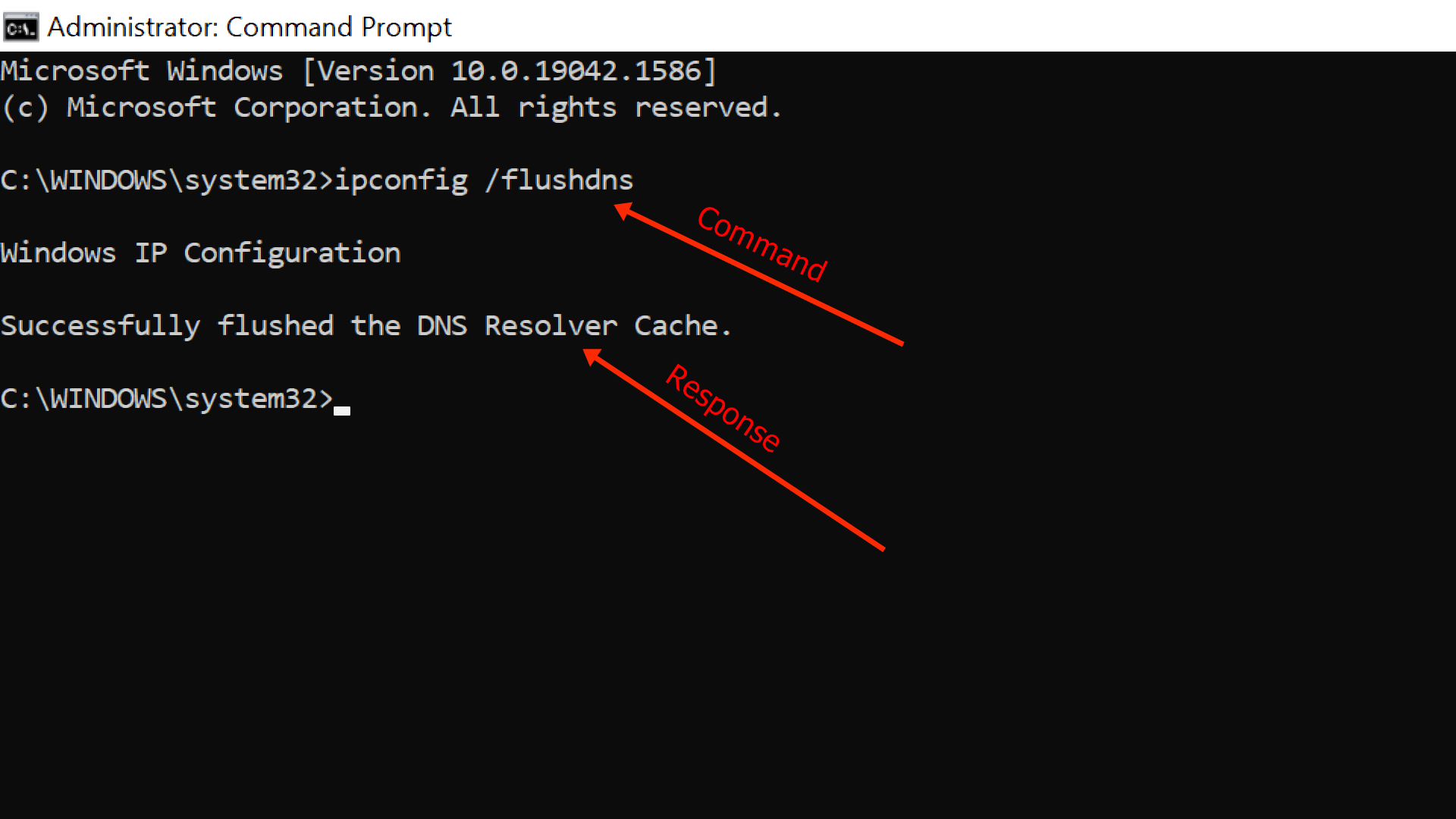 In the Command Prompt, type ipconfig /flushdns and press Enter. Wait for the message that confirms the DNS cache has been successfully flushed.