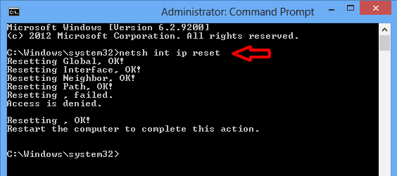 In the Command Prompt, type netsh int ip reset and press Enter. Wait for the command to complete and restart your computer.