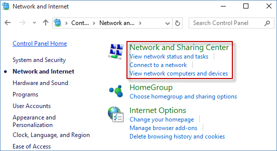 In the Control Panel, click on "Network and Internet".
Click on "Network and Sharing Center".
