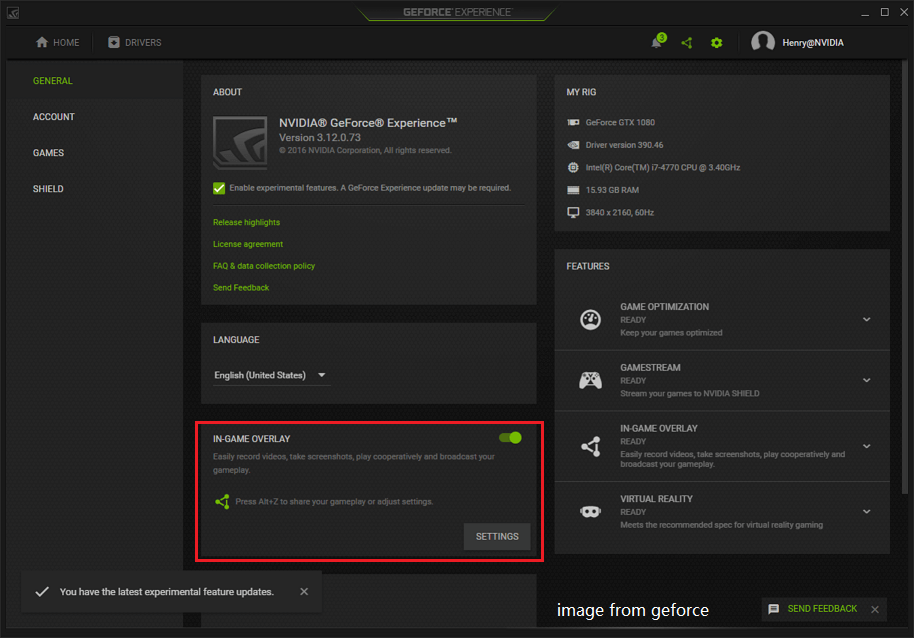 In the settings window, click on the General tab.
Scroll down and toggle off the In-Game Overlay option.