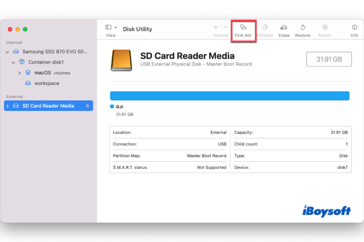 Locate the SD card in the list of drives on the left.
Select the SD card and click "Mount".