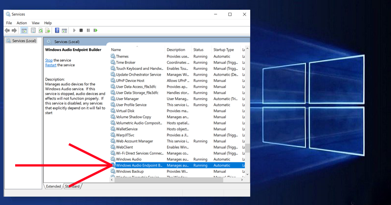 Next, locate the Windows Audio Endpoint Builder service.
If the status of the Windows Audio Endpoint Builder service is not Running, right-click on it and select Start.