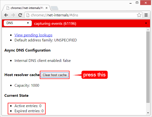 Open a new tab and type "chrome://net-internals/#dns" in the address bar.
Press Enter to access the Chrome DNS settings.