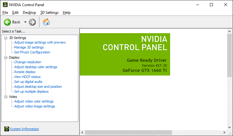 Open Nvidia Control Panel by right-clicking on the desktop and selecting it from the menu.
Click on Help in the top menu and choose System Information to find out your current driver version.