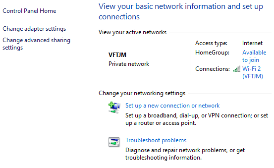 Open the Network and Sharing Center by right-clicking on the network icon in the taskbar and selecting Open Network and Sharing Center.
Click on the Change adapter settings link on the left-hand side of the window.