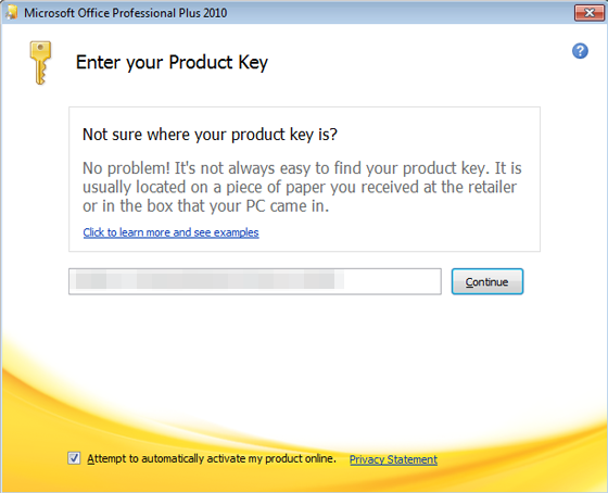 Product key entry screen