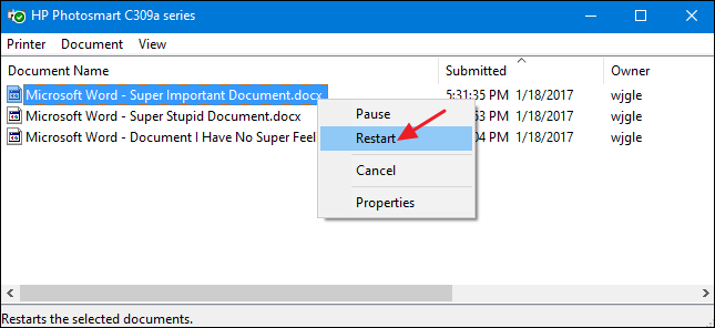 Right-click on the print job you want to cancel.
Select "Cancel" or "Cancel Printing" from the drop-down menu.