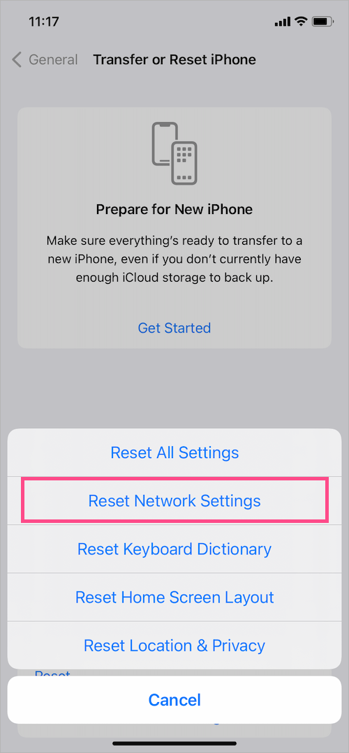 Scroll down and select Reset.
Tap on Reset Network Settings.