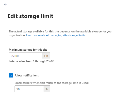 Storage limits verification page