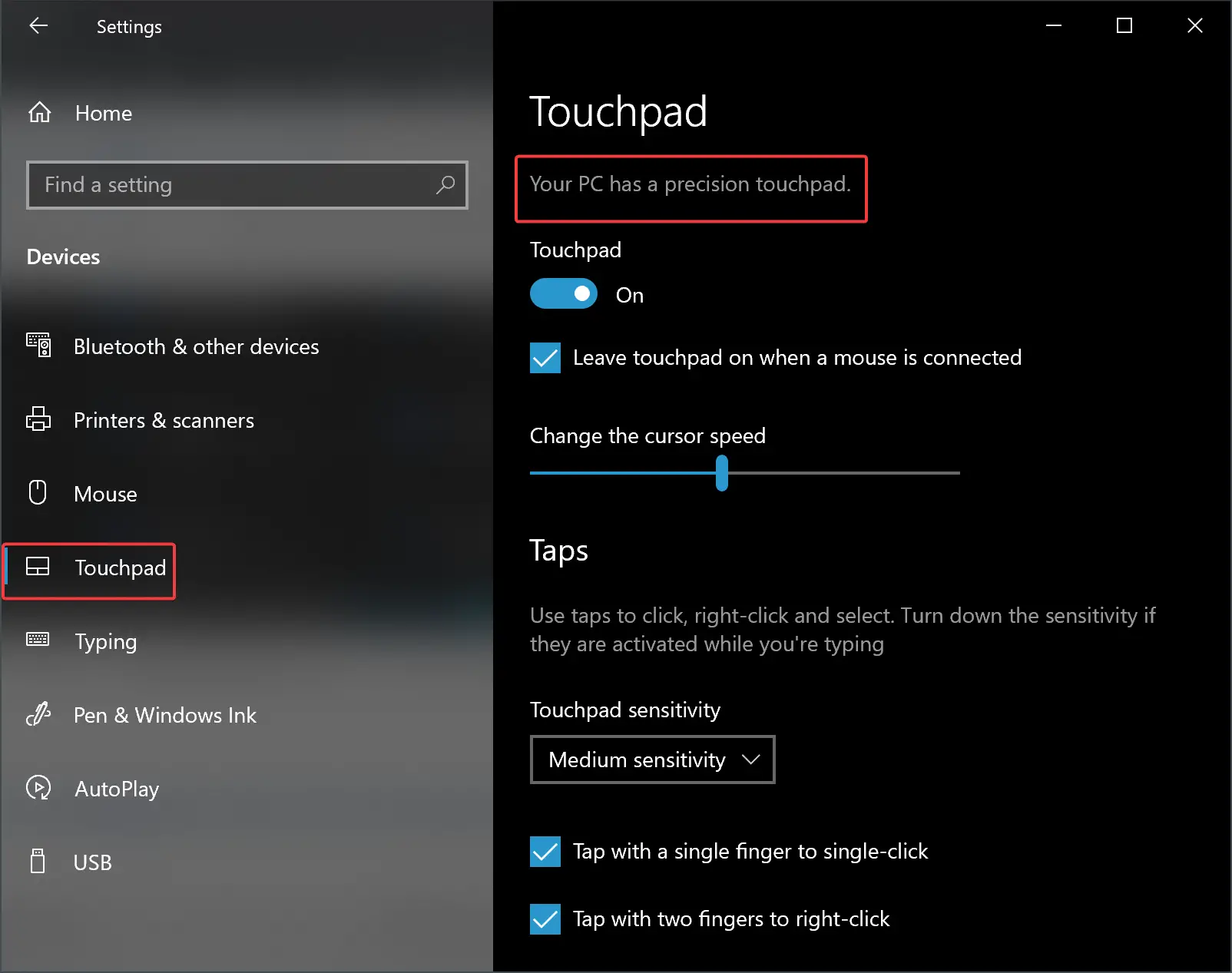 Touchpad settings menu